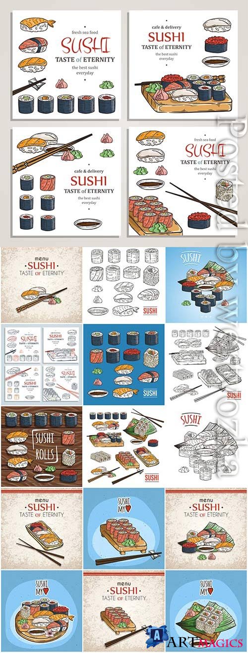 Sushi sets drawn in vector