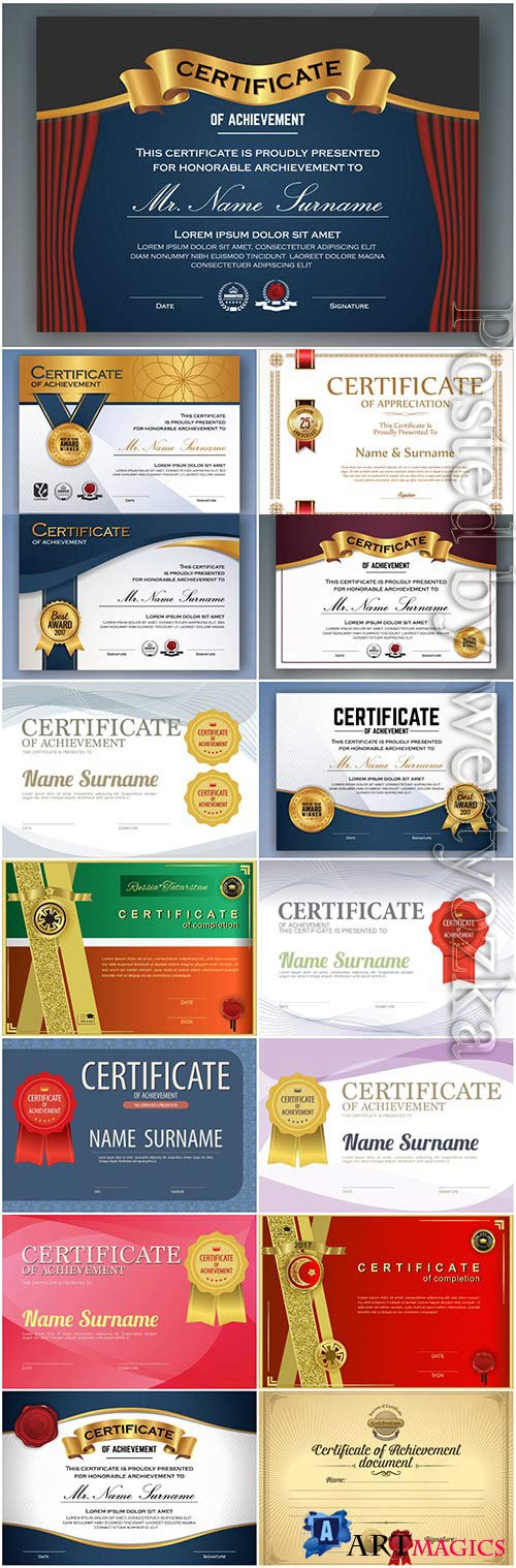 Horizontal colored diplomas and certificates in vector
