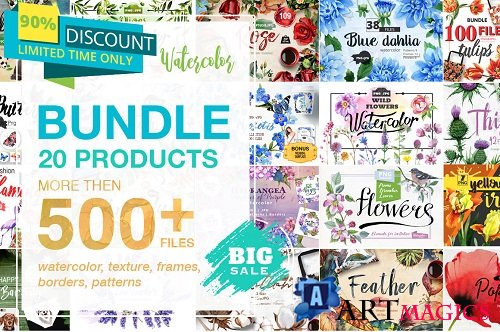 Watercolor Mega Bundle  20 Sets with over 500 Graphics