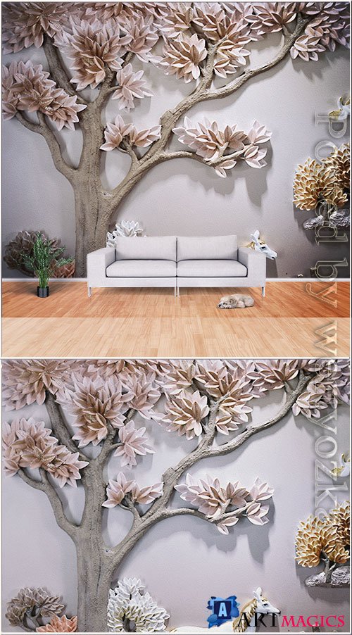 Three dimensional embossed fortune tree flying bird background wall painting