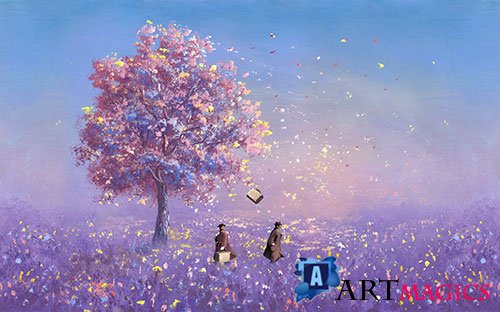 Romantic purple oil painting style tv background wall