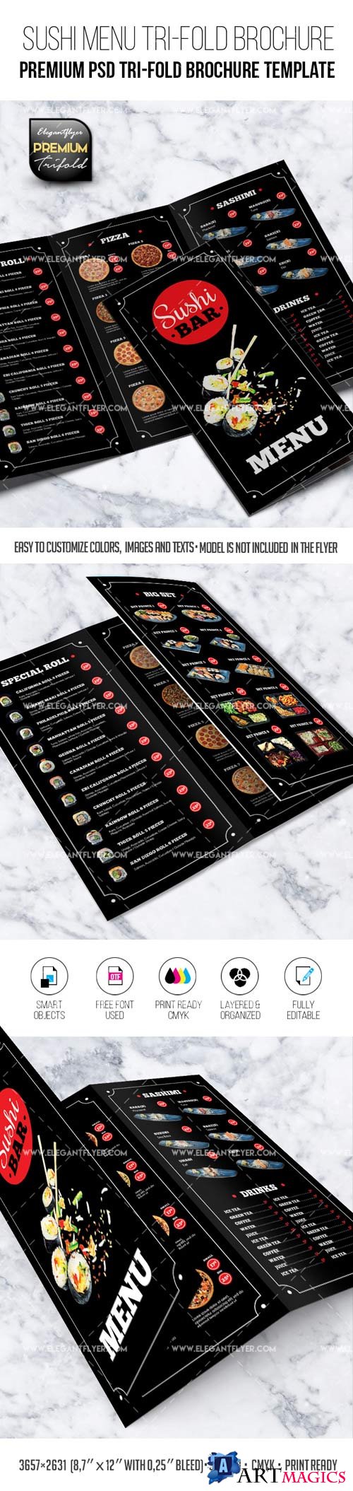 Sushi Restaurant Menu Premium PSD Tri-Fold Brochure Template