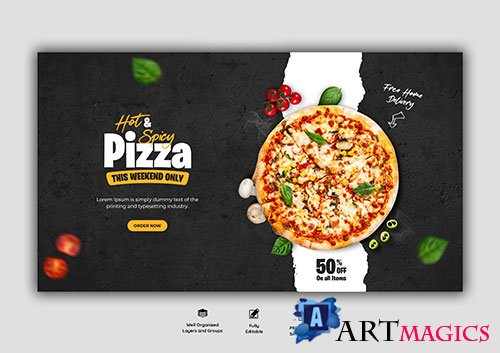 Food menu and delicious pizza web banner template Premium Psd