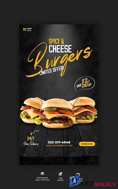 Delicious burger and food menu instagram and facebook story template