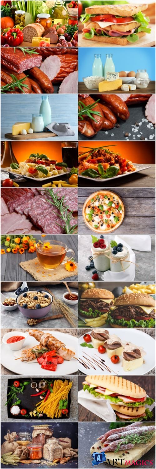 Pastry, meat, fruits, dairy products - set stock photo