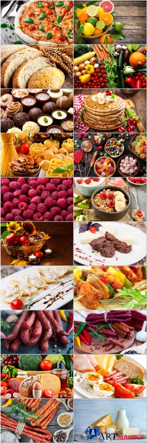 Desserts, meat, fruits, vegetables, dairy products - set stock photo