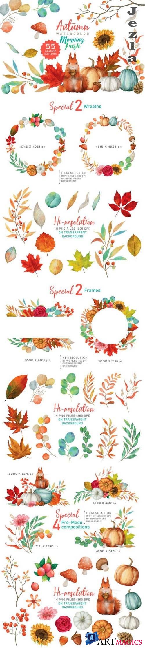 Autumn Leaves Watercolor PNG Elements