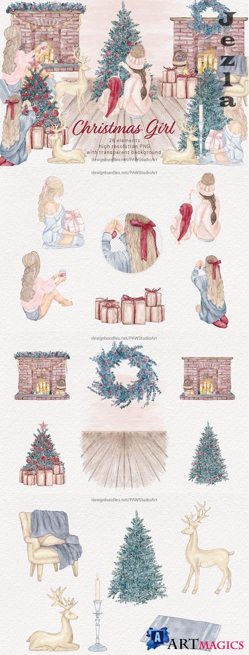 Christmas Girls Watercolor Clipart Winter Holidays New Year - 1644373