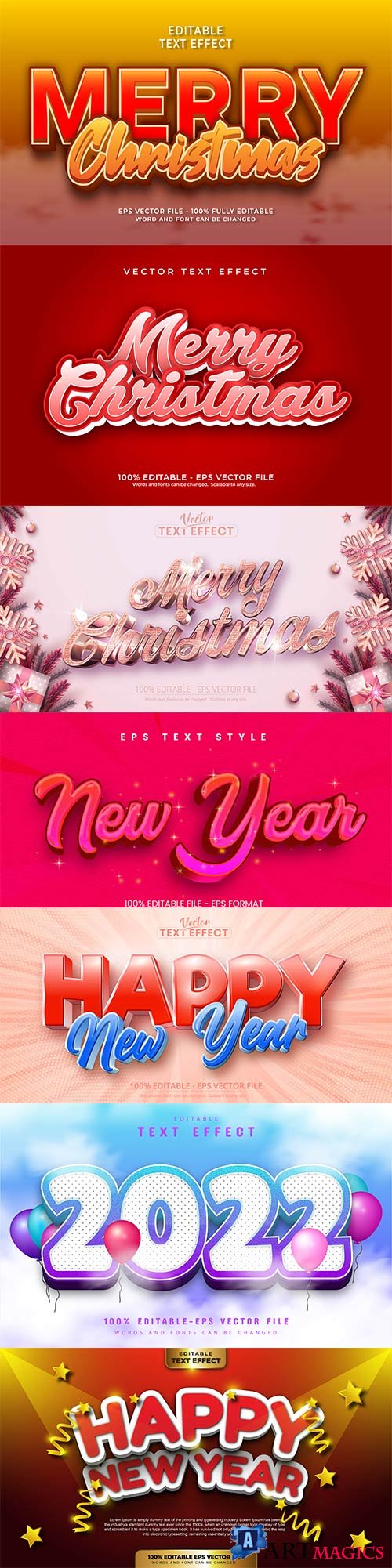 Merry christmas and happy new year 2022 editable vector text effects vol 28