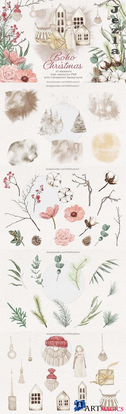 Christmas Boho Watercolour Clipart Winter Flowers Leaves - 1681783