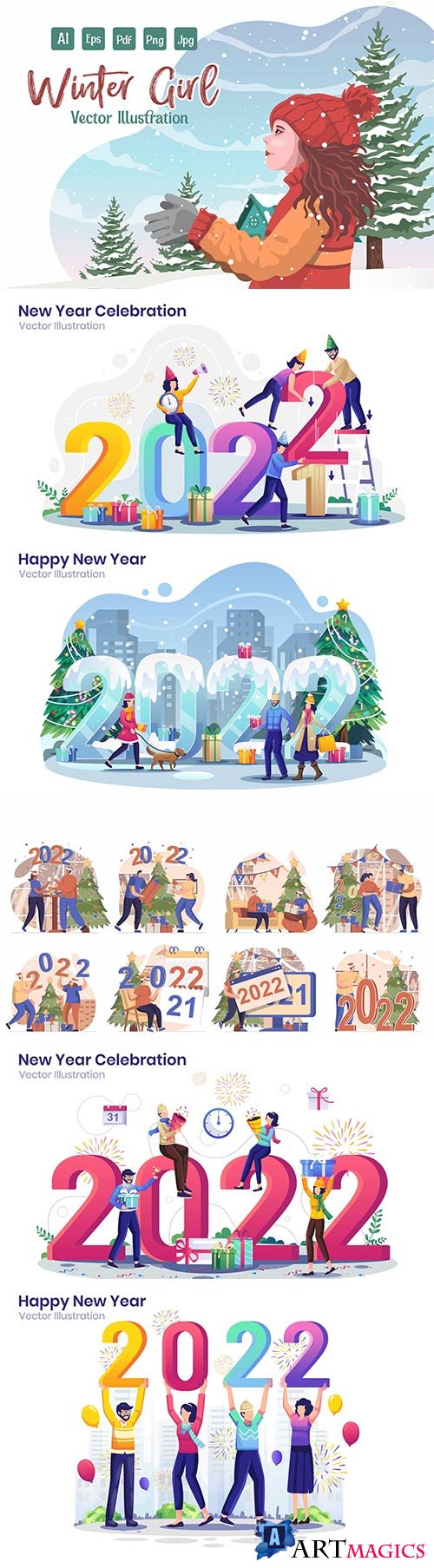 Happy New Year Web Illustration Set