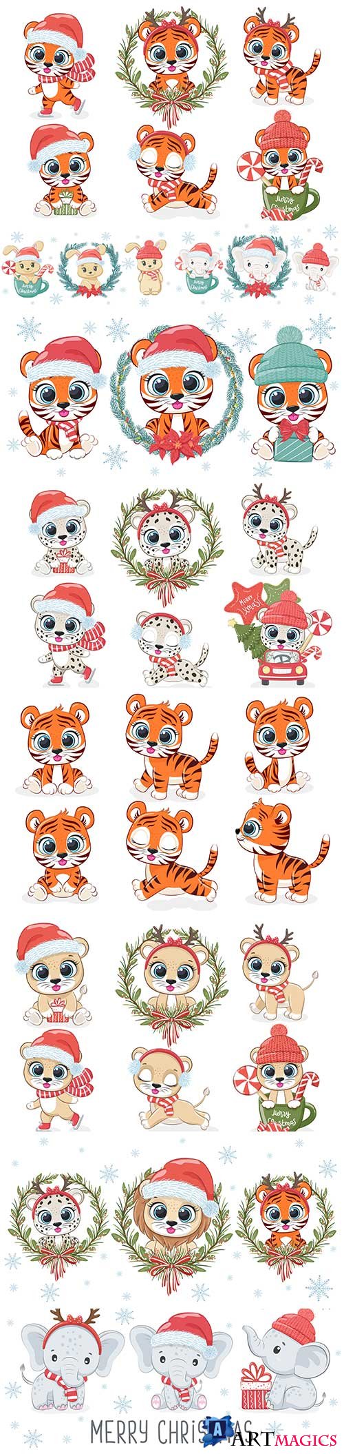 Cute animals for the new year and christmas vector illustrations