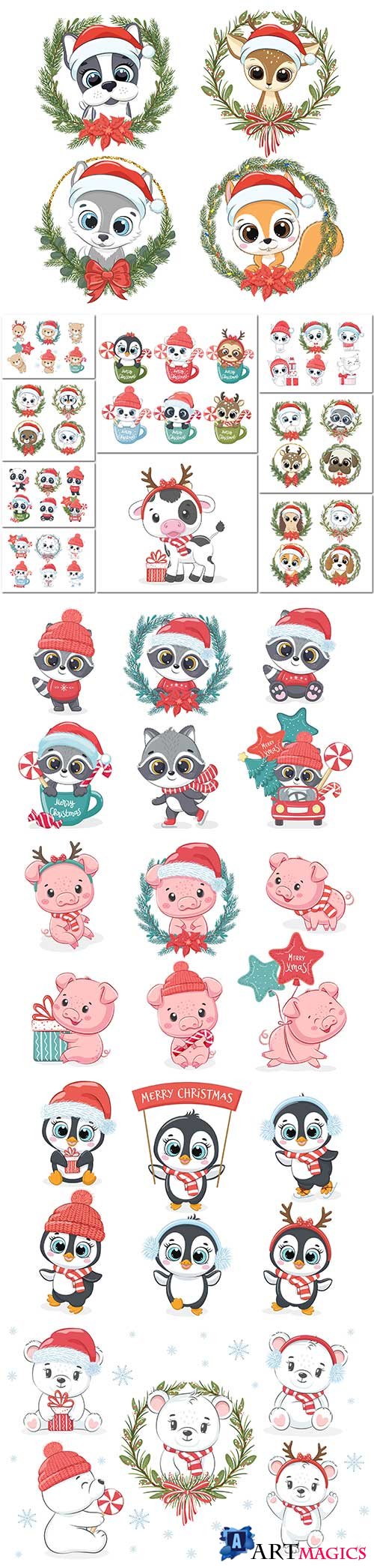Set of cute animals for the new year and for christmas in vector