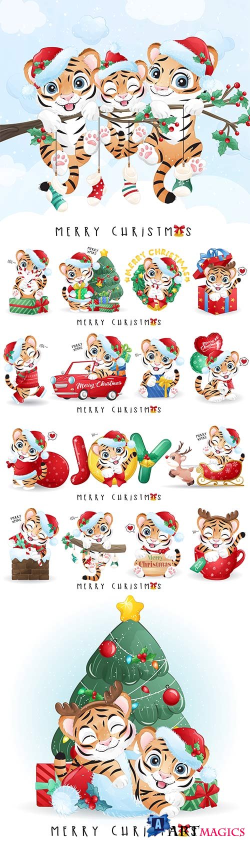 Cute doodle tiger for merry christmas illustration set premium vector