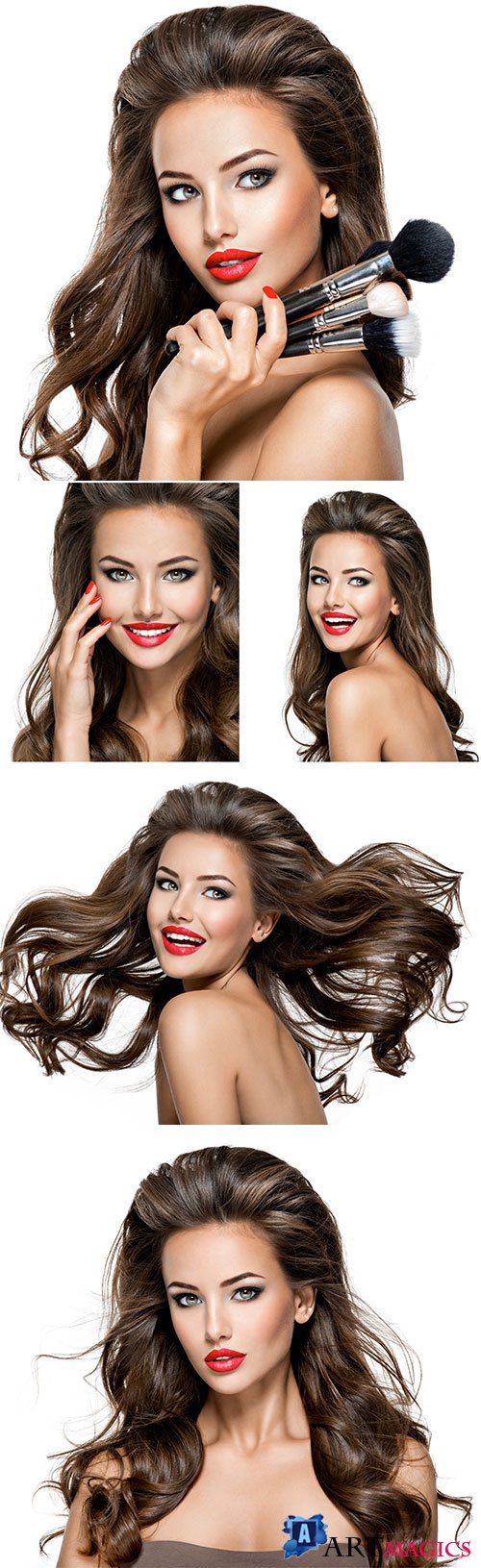 Luxury girl model with red lips and makeup brushes