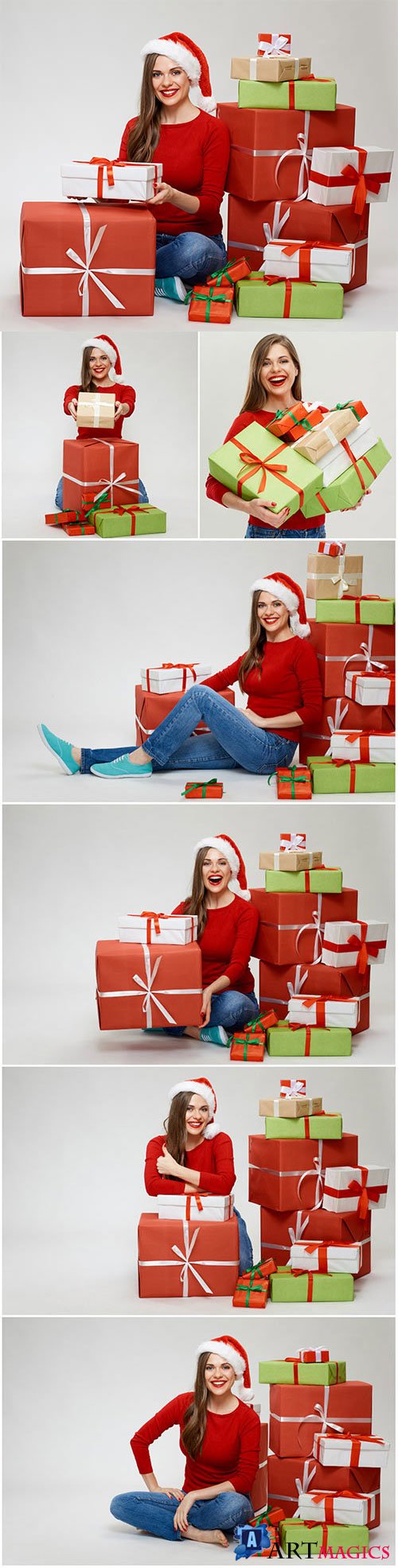 Girl near christmas boxes with gifts stock photo