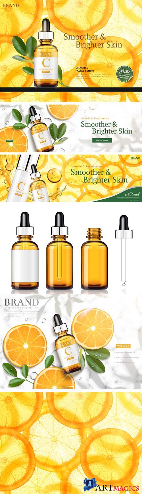Skin care with vitamins, cosmetics in vector