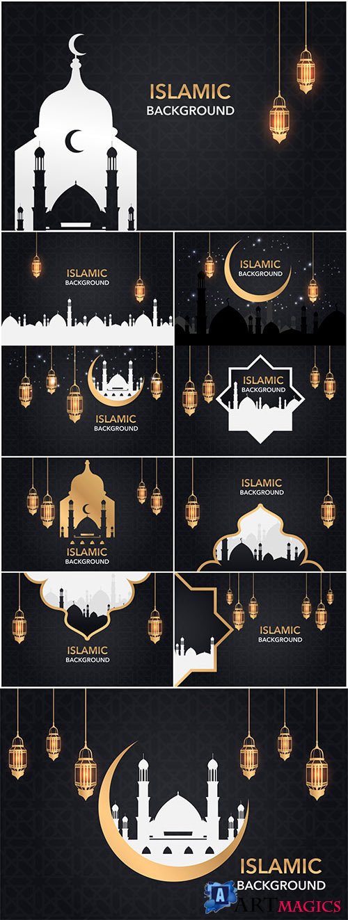 Dark backgrounds Ramadan with mosque and golden lamps in vector