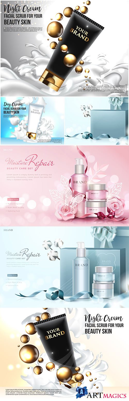 Brand cosmetics in packages in vector