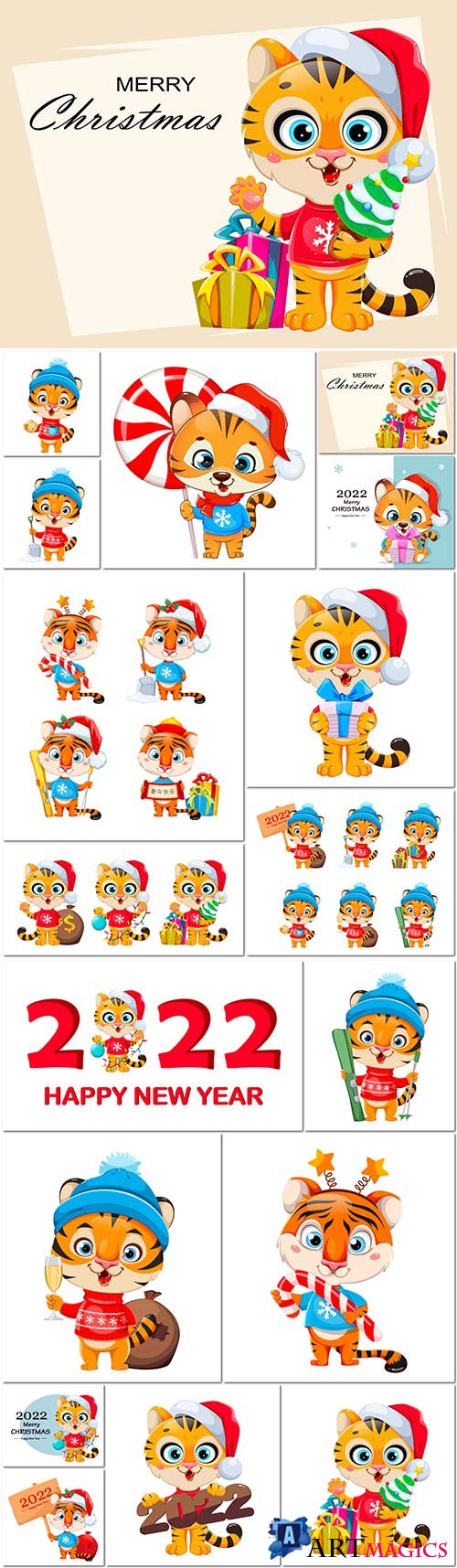 Merry christmas, cute tiger in santa hat holding 2022 sign, vector illustration