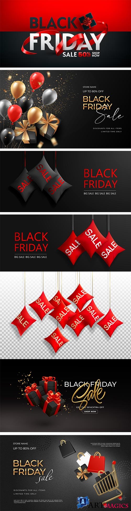 Black friday sale banner background with realistic 3d objects
