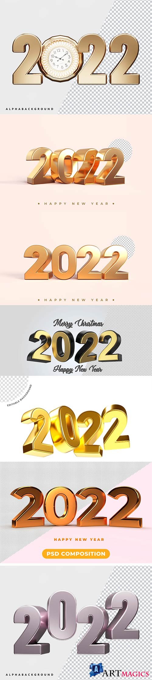 Psd Happy new year 2022 gold 3d rendering isolated on transparent background