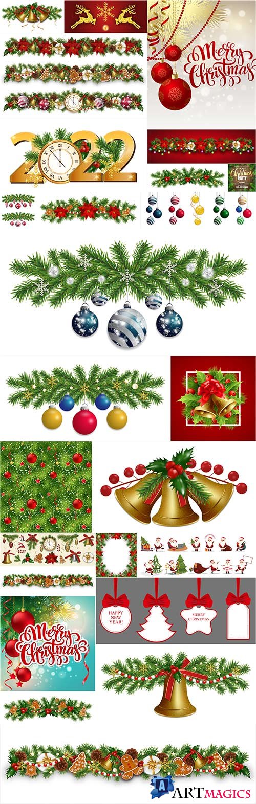 Christmas border decoration with baubles new year garland with christmas tree branches and balls