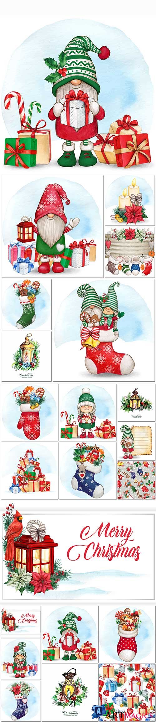 Watercolor hand drawn santa with holiday decorations and elements in vector