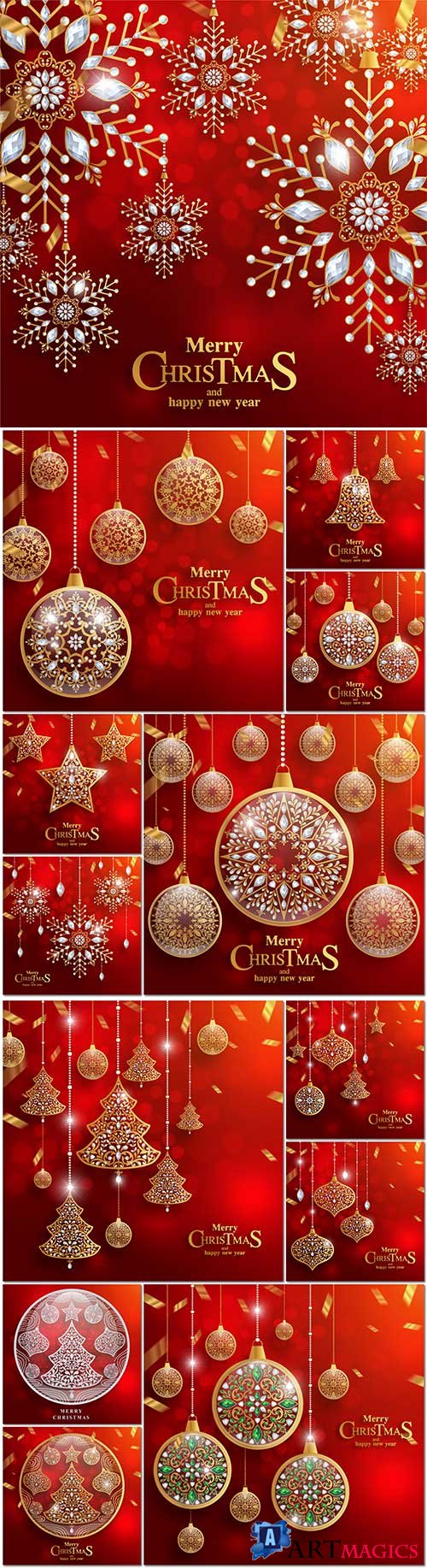 Merry christmas and happy new year with gold patterned and crystals on paper color in vector