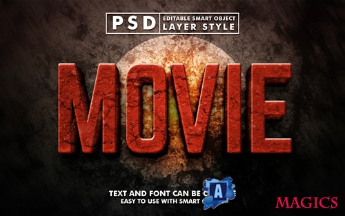 Movie 3d text effect with stone texture editable text effect premium psd with smart object