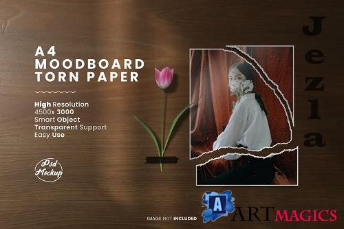 Moodboard paper torn with rose psd mockup