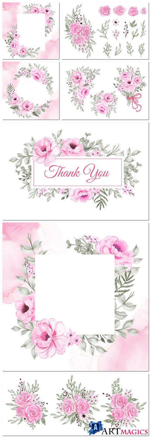 Rose pink watercolor floral arrangement and bouquet collection