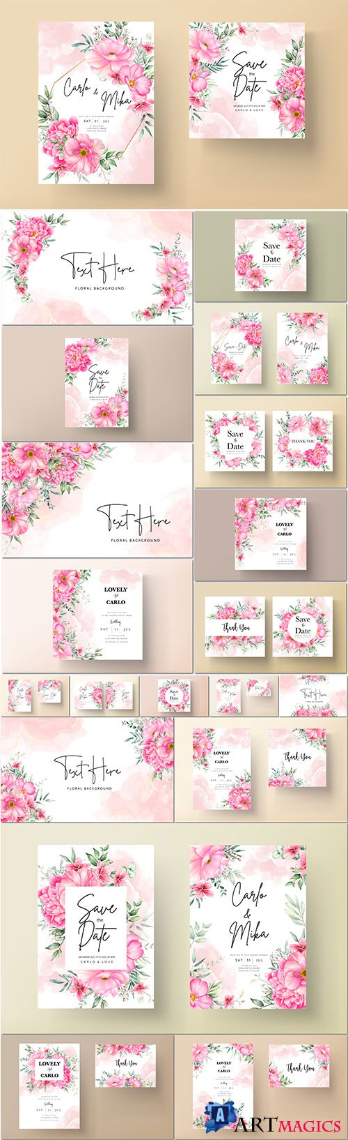 Romantic flower wedding invitation card template with hand drawing floral vector