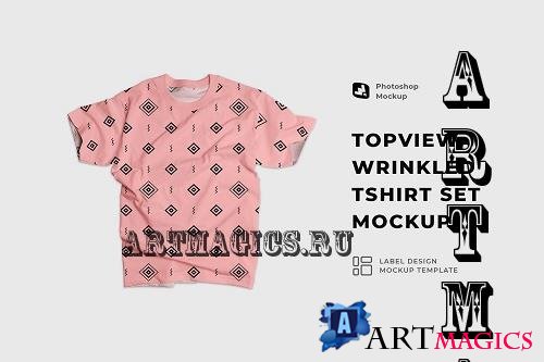 Top view Wrinkled Tshirt Set Mockup - 6932498