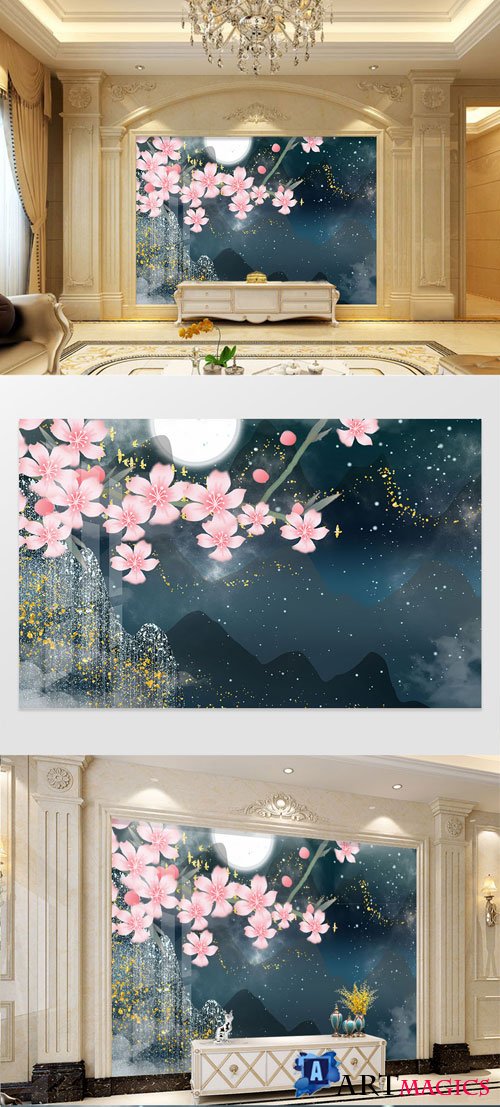 Chinese style relief landscape peach blossom TV background wall