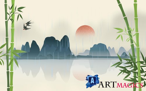 New modern ink landscape drawing bamboo background wall