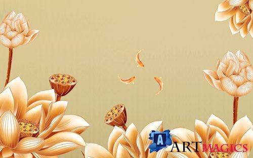 Lotus carp color carving TV living room background wall