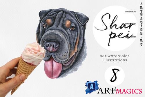 Shar Pei. Watercolor dog set illustrations. Cute 8 dogs - 854551