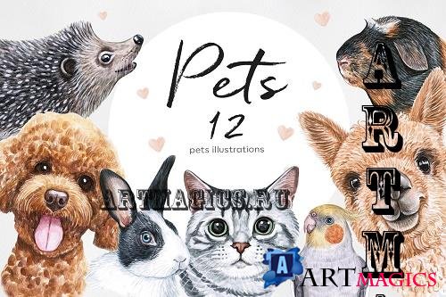 Watercolor set PET illustrations. Cute 12 pets - 722123