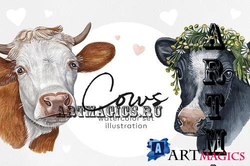 Watercolor set cute cows illustrations. 8 cow/ox - 912257