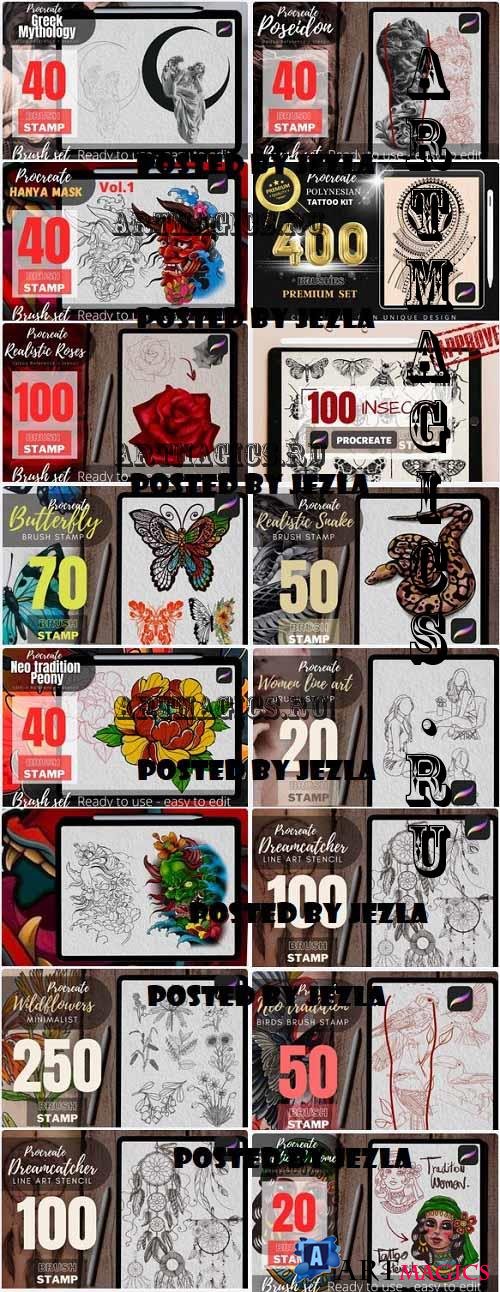 1400 Tattoo Stamp Procreate Brushes Bundle - 15 Premium Collections