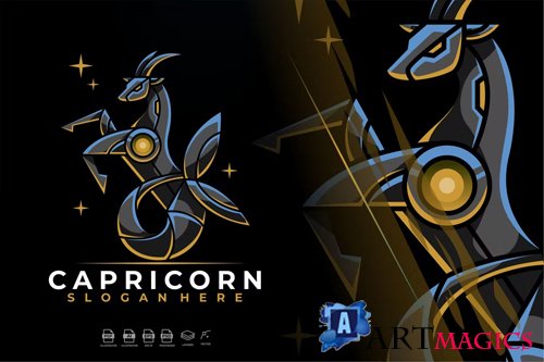 Modern Mecha Robotic Zodiac Capricorn Logo Design
