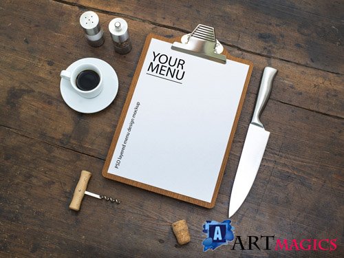 Restaurant Menu with Clipboard on Wooden Table Mockup 213112880
