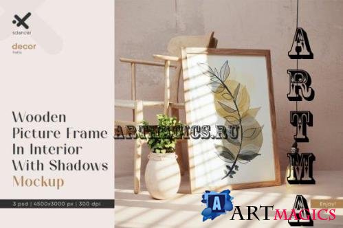 Wooden Picture Frame In Interior With Dark Shadows Mockup - 2157330