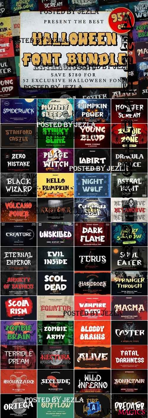 Funny and Spooky Halloween Fonts Bundle - 52 Premium Fonts
