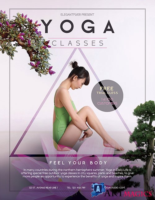 Minimal Floral Yoga Class Flyer and Facebook Cover Template PSD