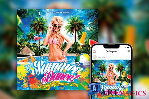 Colorful Tropical Splash Summer Pool Party Instagram Post Template
