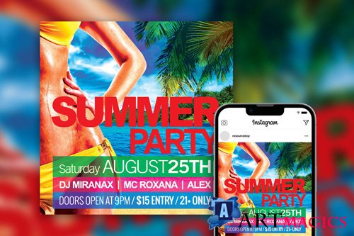 Hot Tropical Bold Summer Beach Club Party Instagram Post Template