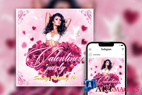 Romantic Floral Valentines Day Party Instagram Post Template PSD