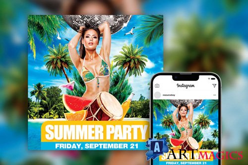 Joyful Tropical Bikini Summer Beach Party Instagram Post Template PSD